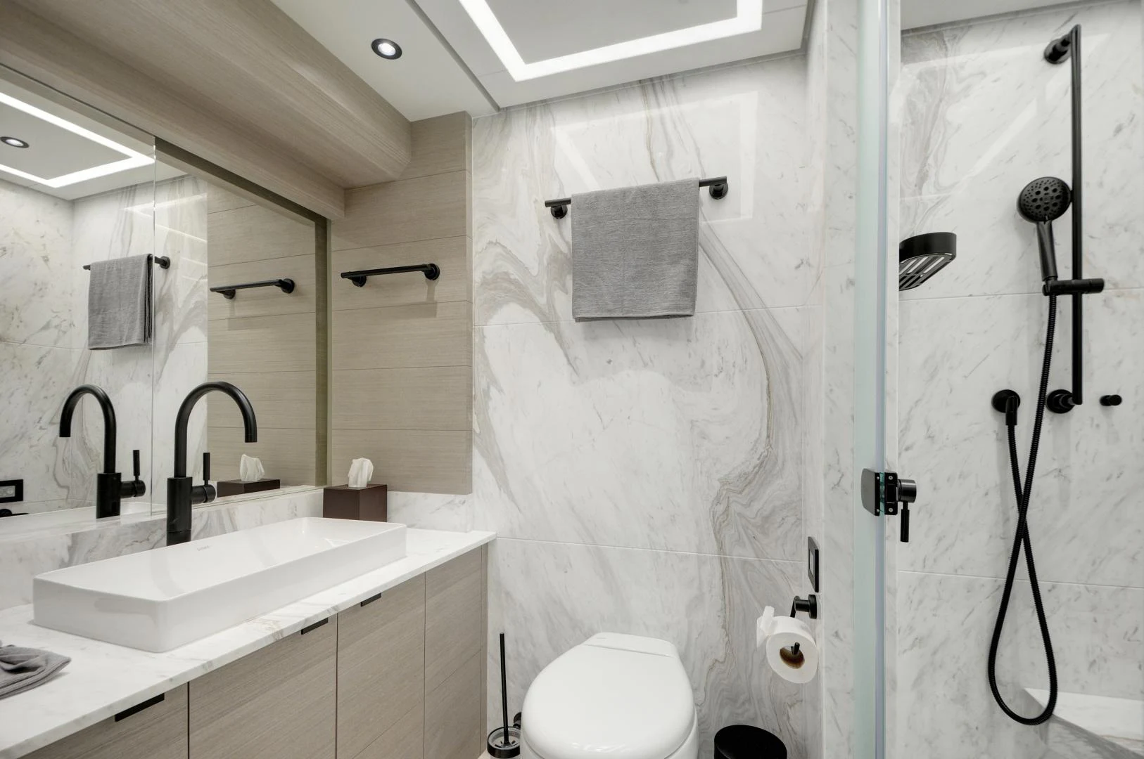 a bathroom with a shower curtain aboard ALFRESCO 125 Yacht for Sale