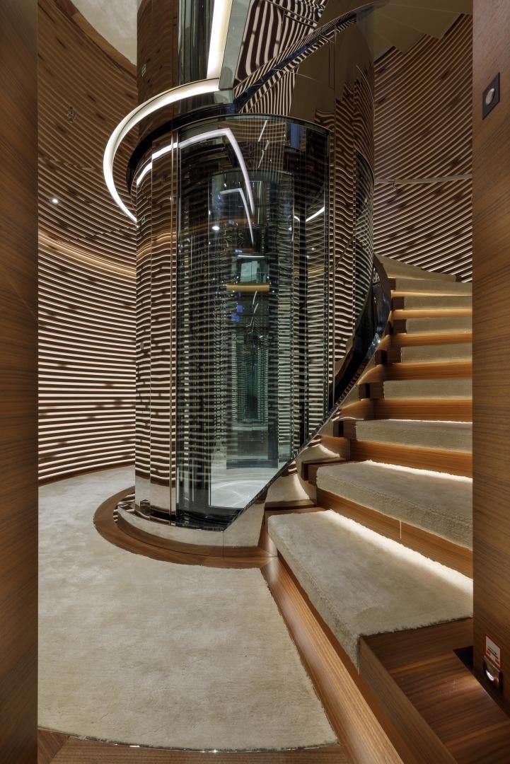 a glass shower in a building aboard ATOMIC Yacht for Sale