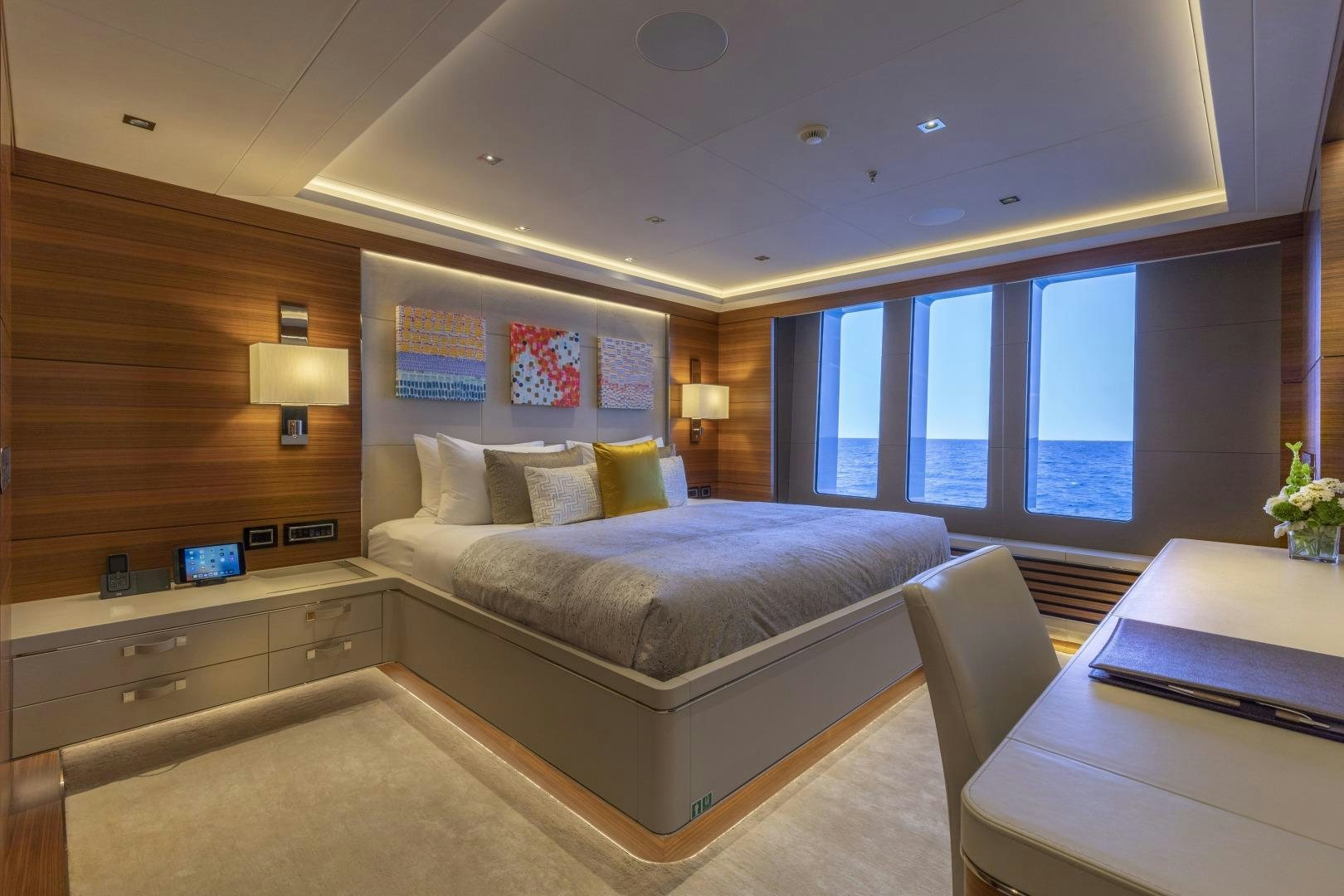 a room with two beds aboard ATOMIC Yacht for Sale