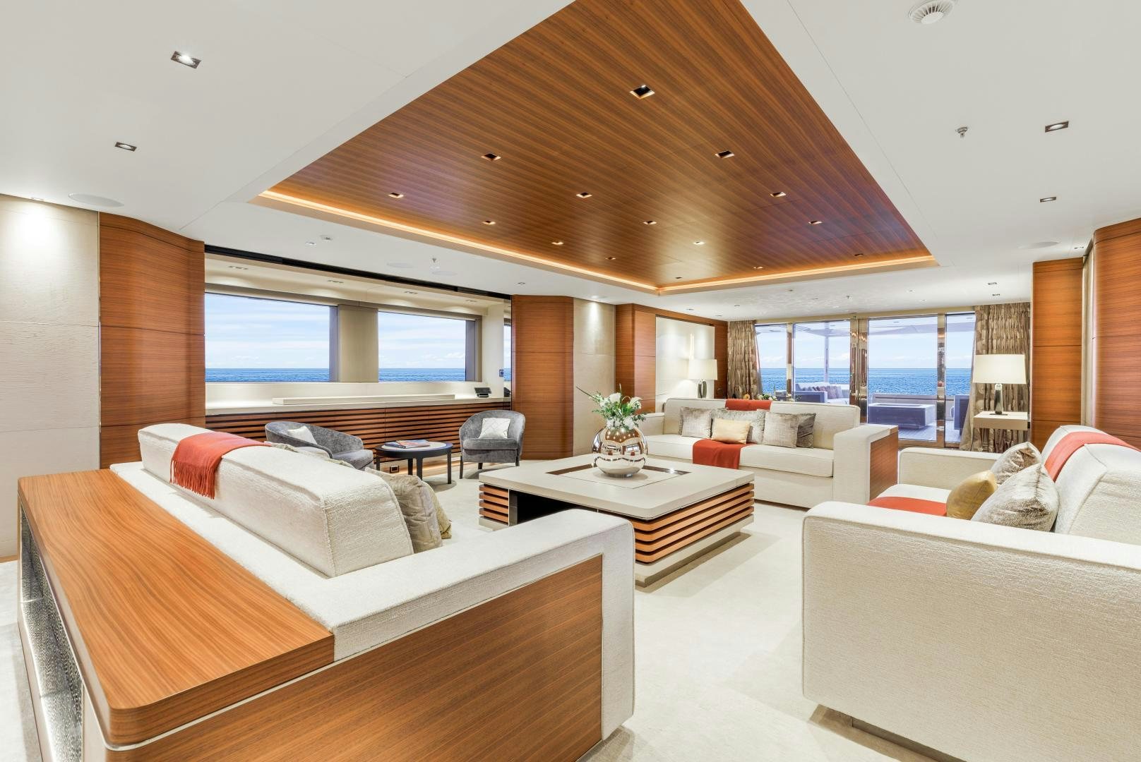 a modern looking living room aboard ATOMIC Yacht for Sale