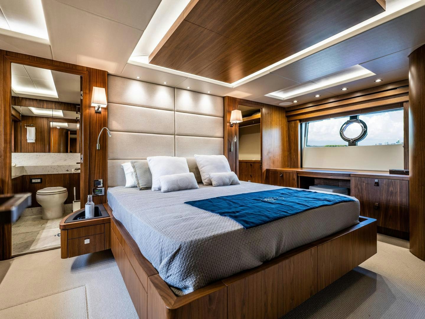 a bed in a room aboard TATIS Yacht for Sale