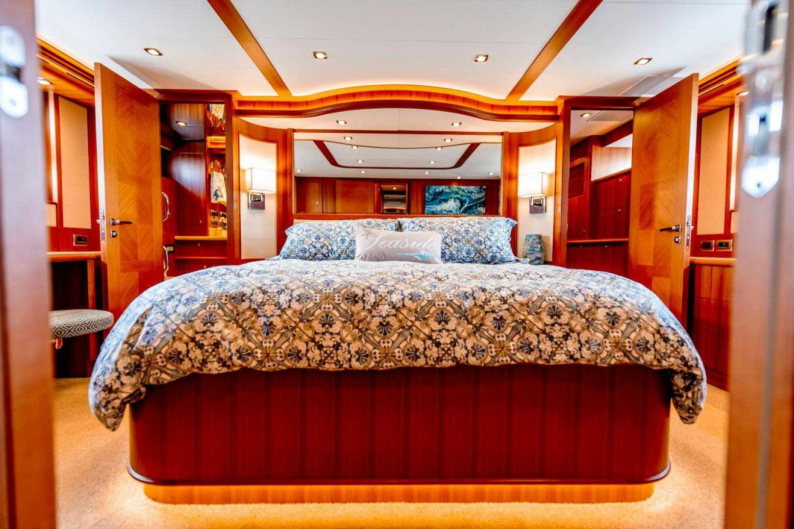 a bed in a room aboard MAHALO Yacht for Sale