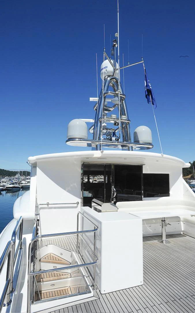 a boat with a blue crane on the front aboard MARANATHA Yacht for Sale