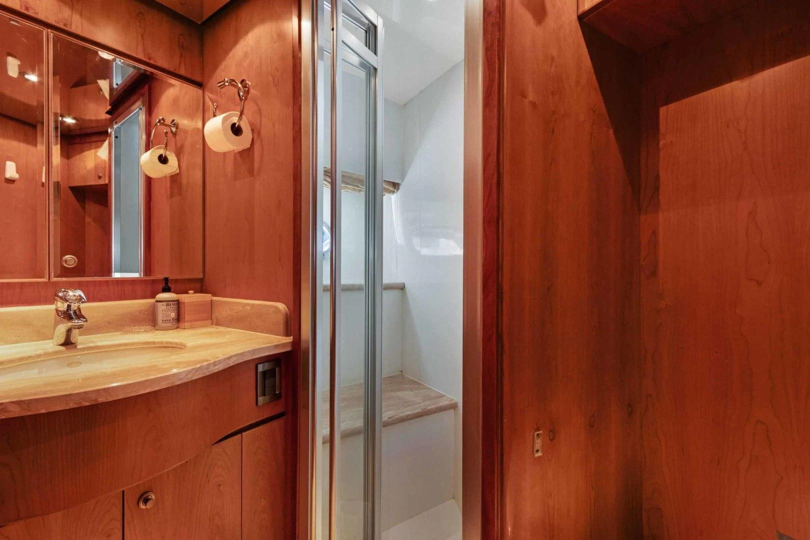 a bathroom with a sink and a shower aboard B HAPPY Yacht for Sale