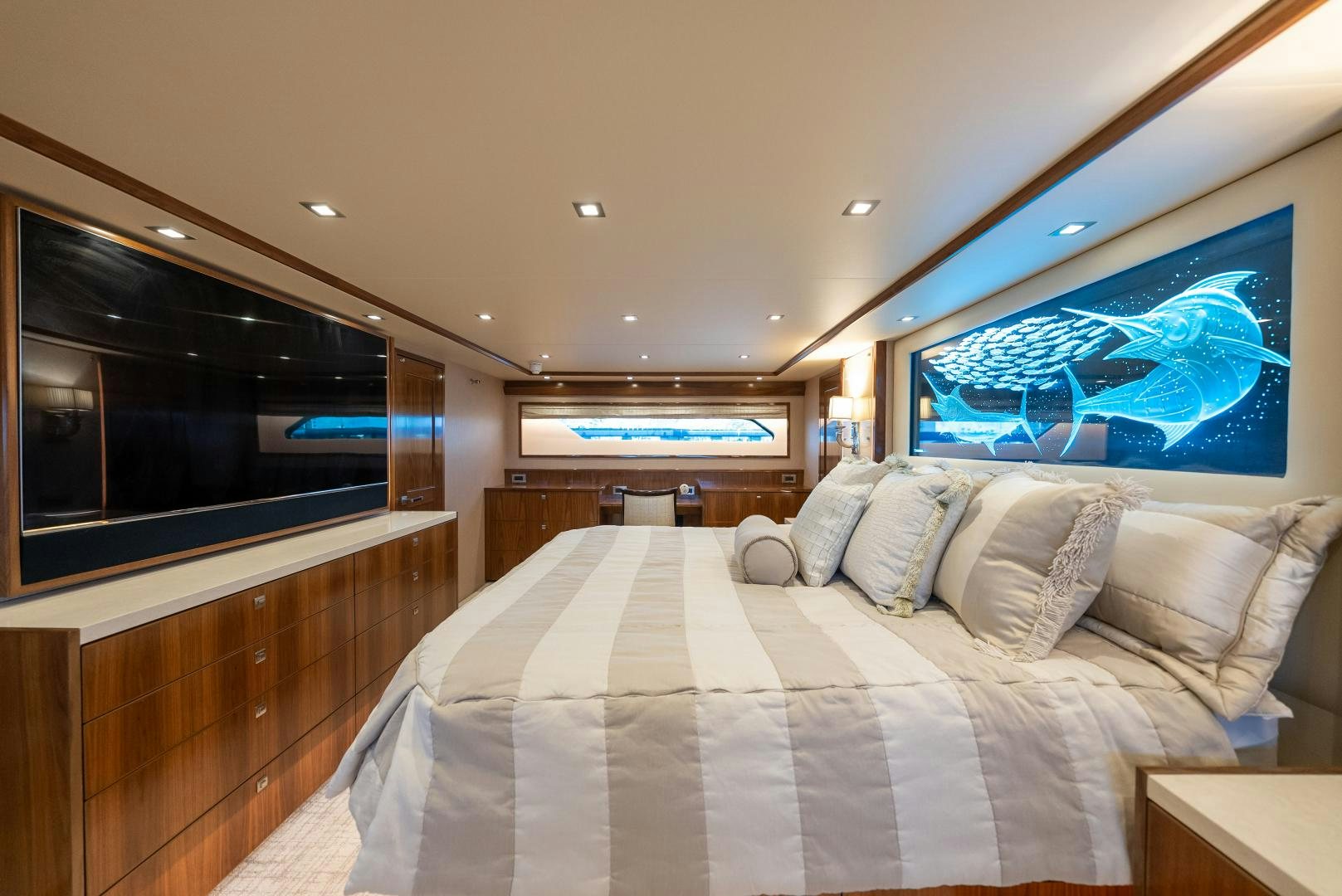 a bed with a large bed aboard SIR' REEL Yacht for Sale