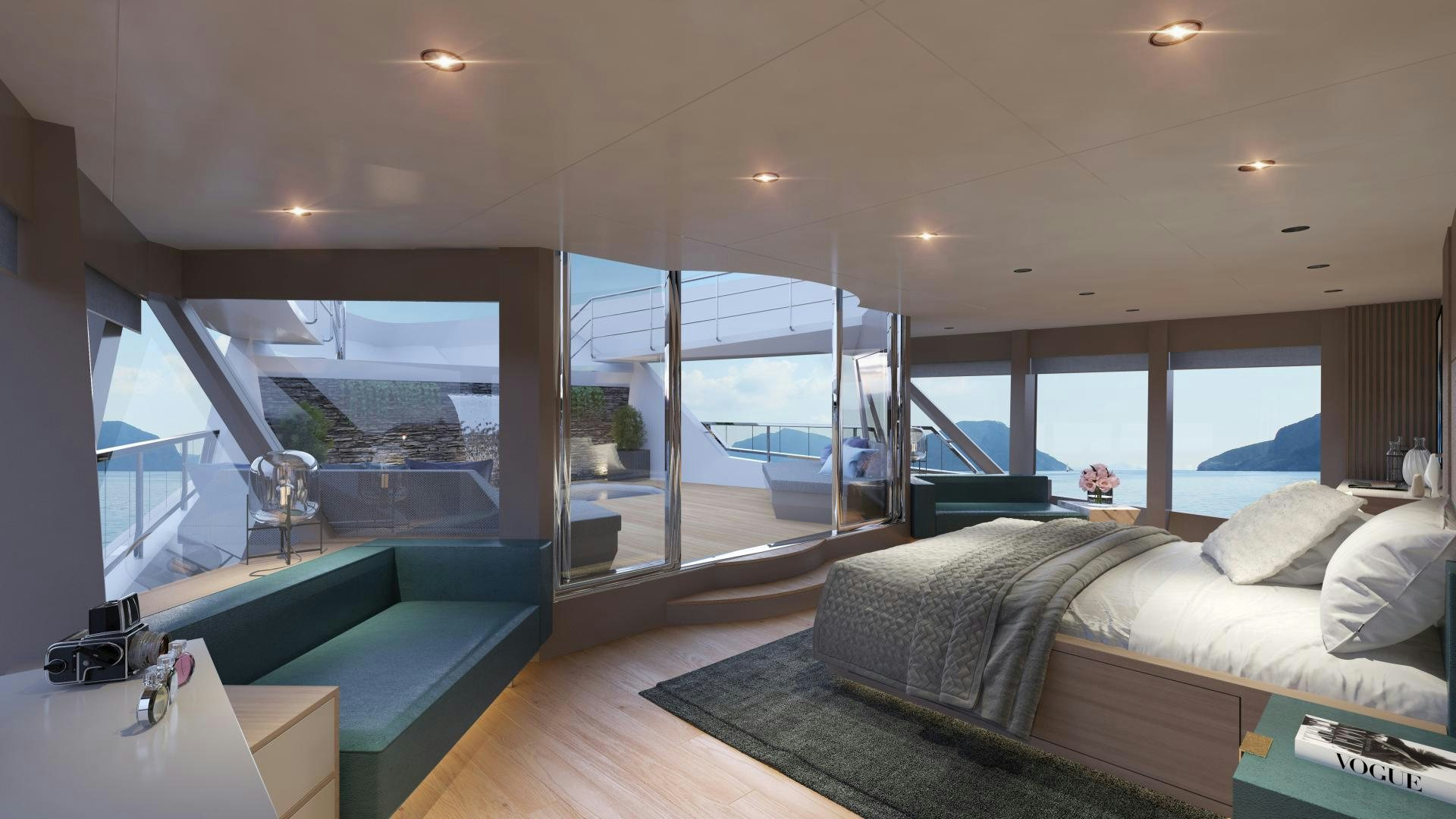 a room with a bed and a large window aboard NUMARINE 45XP Yacht for Sale