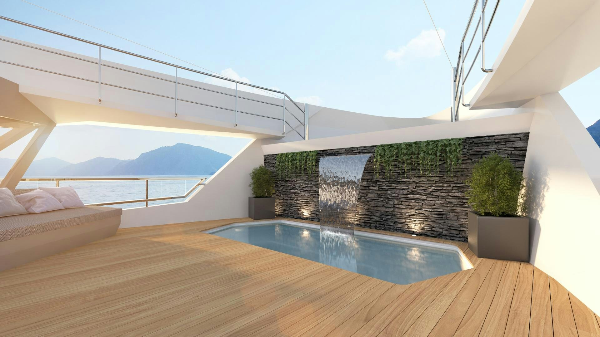 a large patio with a pool aboard NUMARINE 45XP Yacht for Sale
