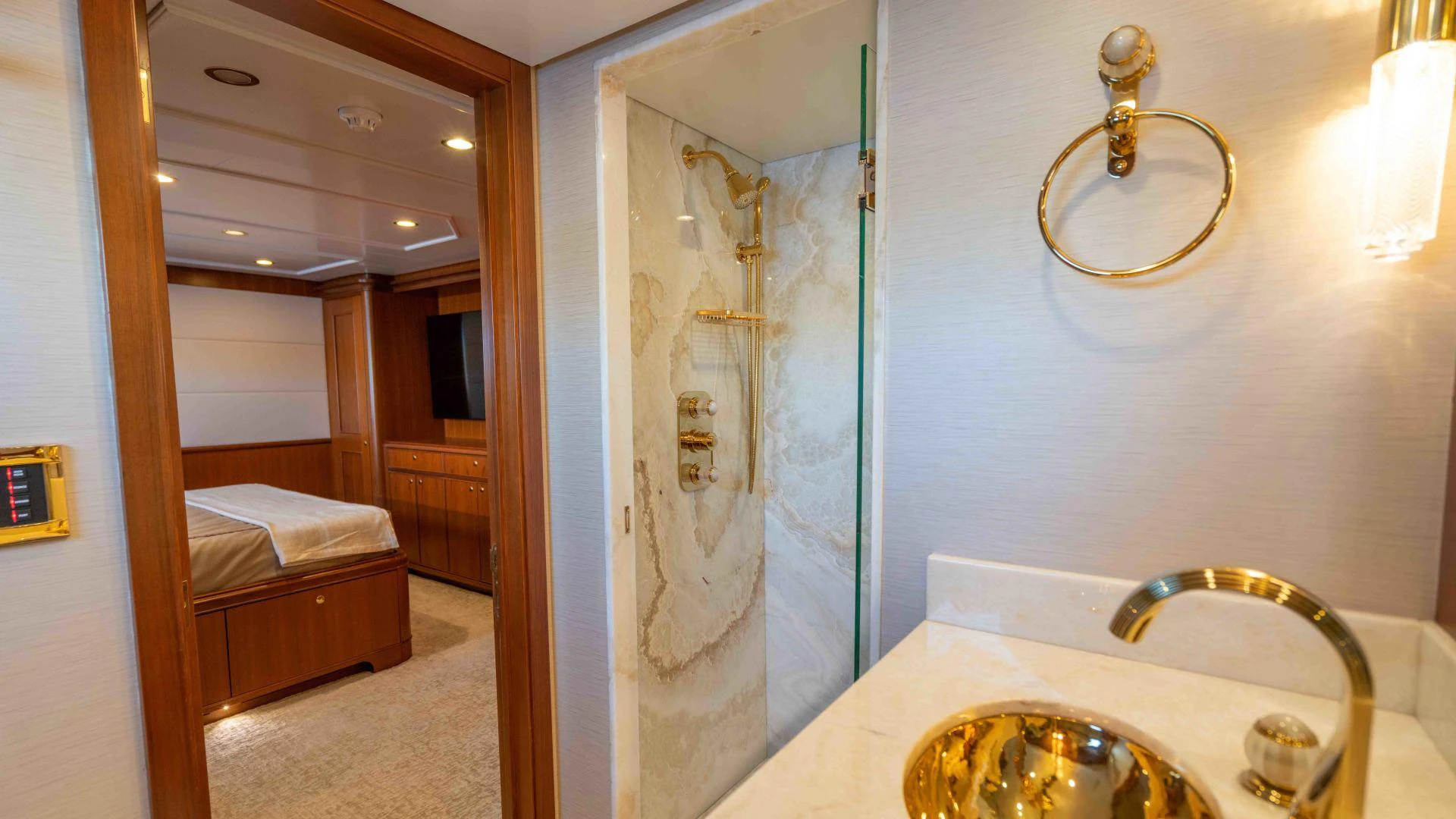 a bathroom with a sink and a mirror aboard NEREUS Yacht for Sale