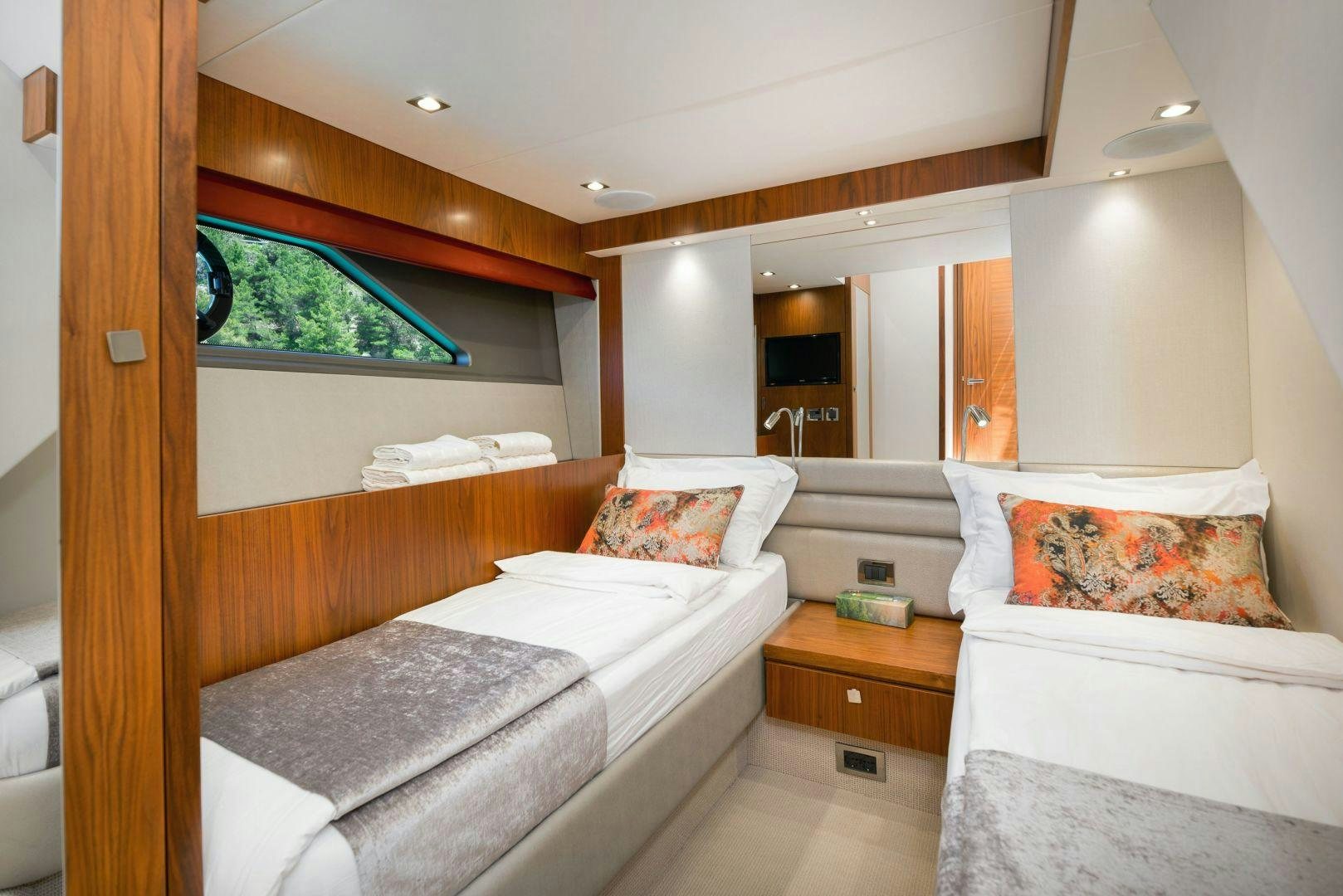 a room with two beds aboard HIDEAWAY Yacht for Sale