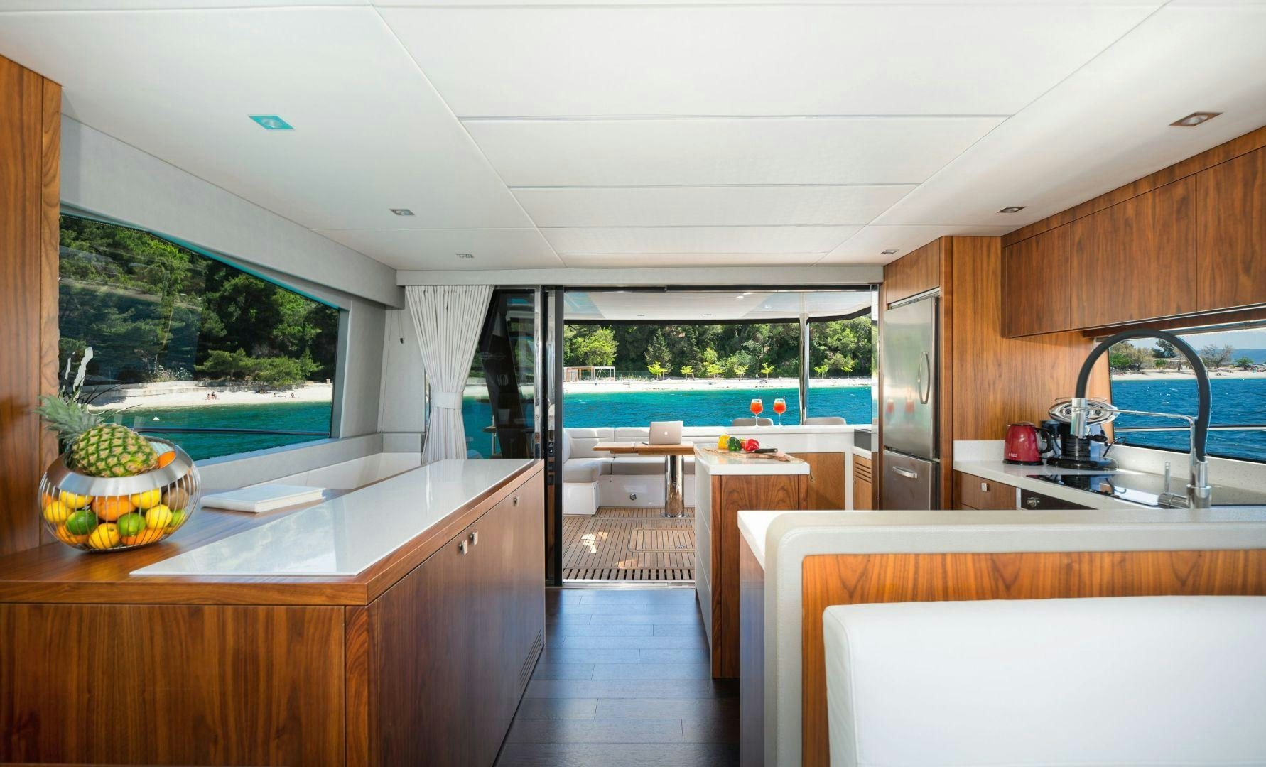 a kitchen with a pool aboard HIDEAWAY Yacht for Sale