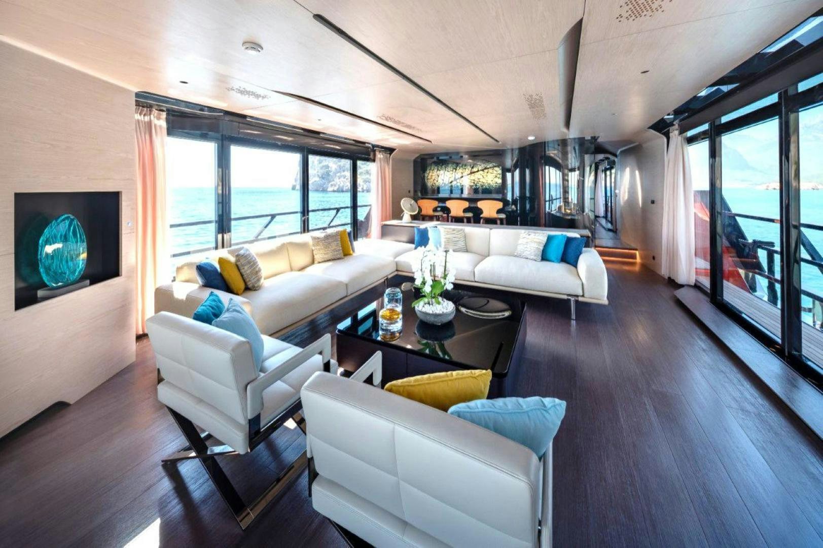 a living room with a large window aboard EDGE   NB 201 Yacht for Sale