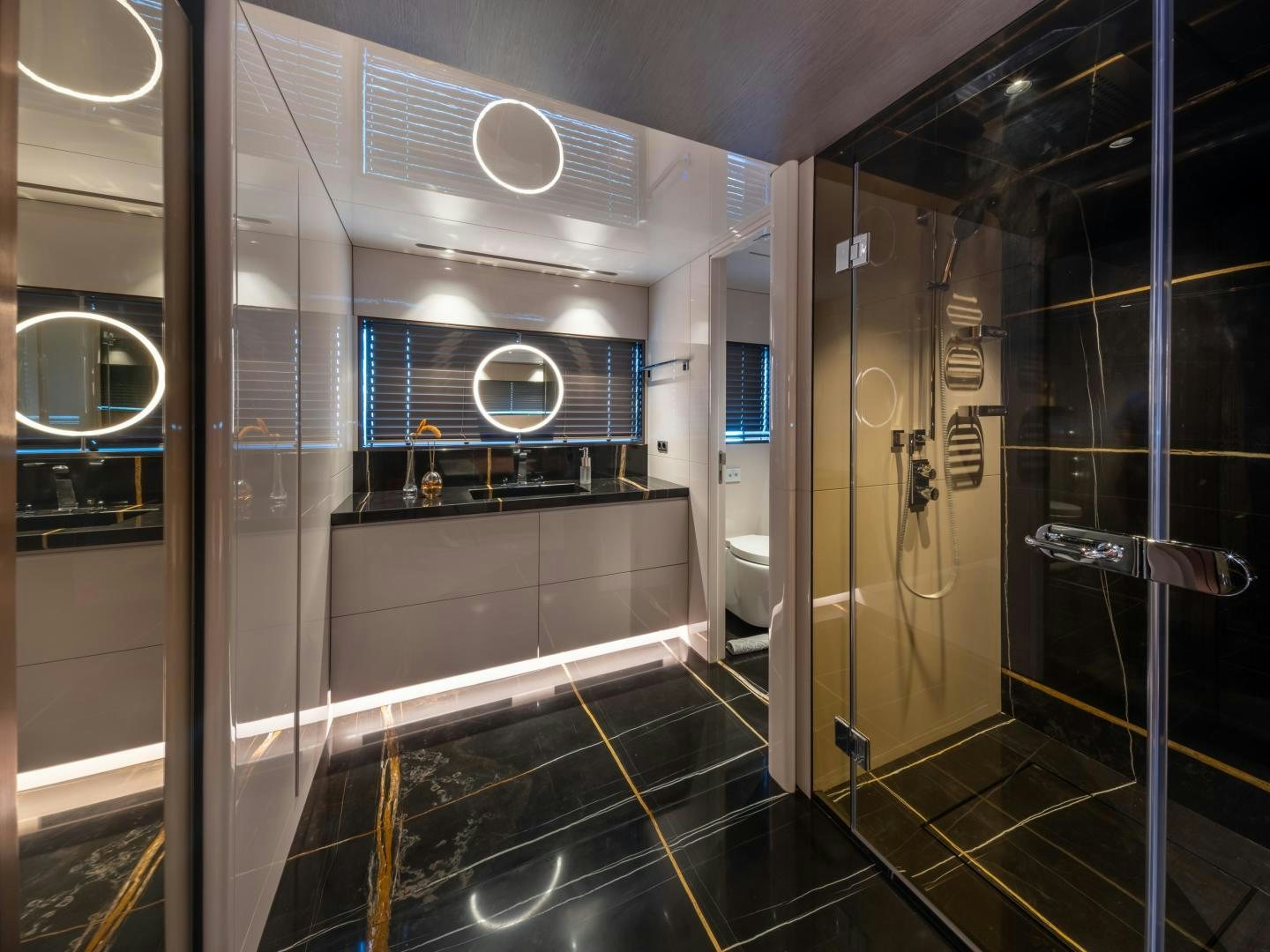 a bathroom with a glass shower aboard EDGE   NB 201 Yacht for Sale