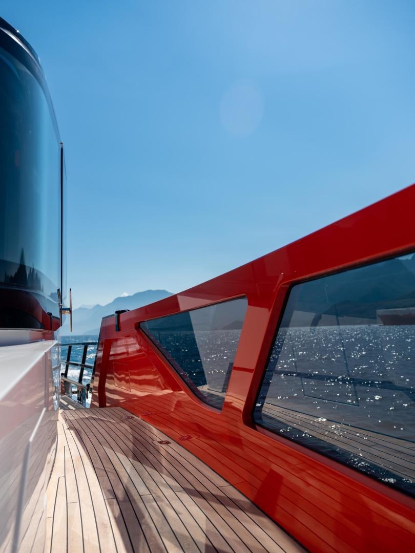 a red train on a track aboard EDGE   NB 201 Yacht for Sale