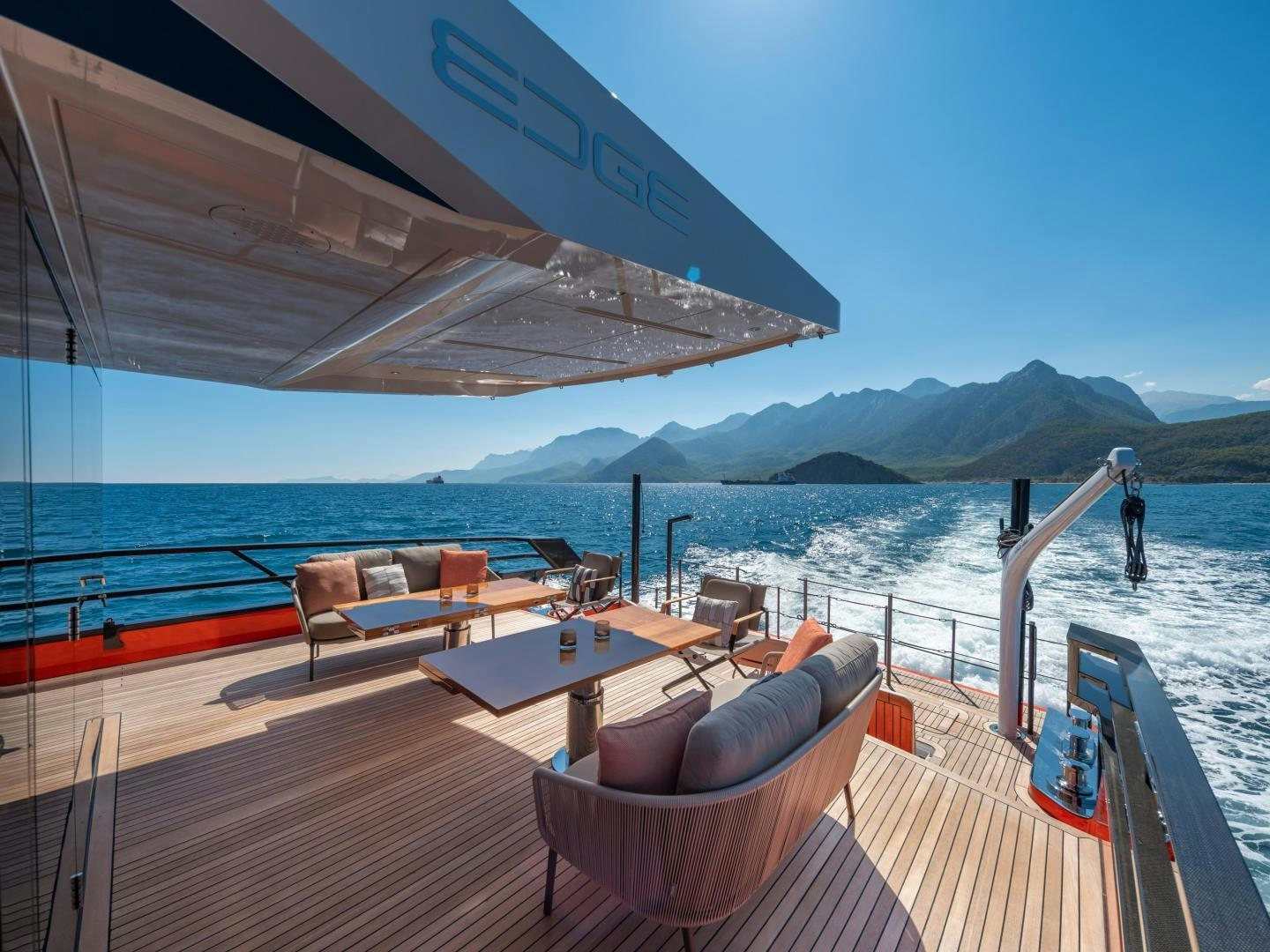 a deck with a large ship in the water aboard EDGE   NB 201 Yacht for Sale