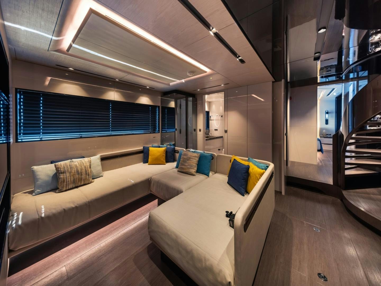 a modern looking living room aboard EDGE   NB 201 Yacht for Sale