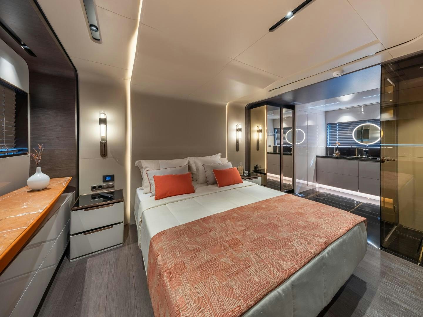 a large bedroom with a large bed aboard EDGE   NB 201 Yacht for Sale