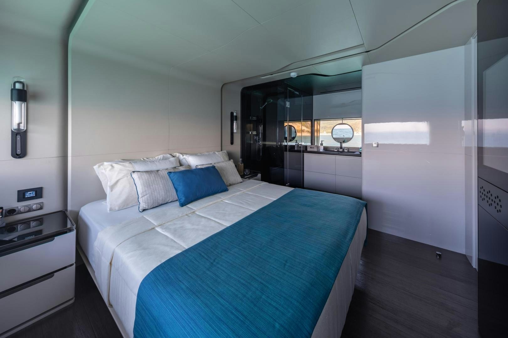 a bed in a room aboard EDGE   NB 201 Yacht for Sale