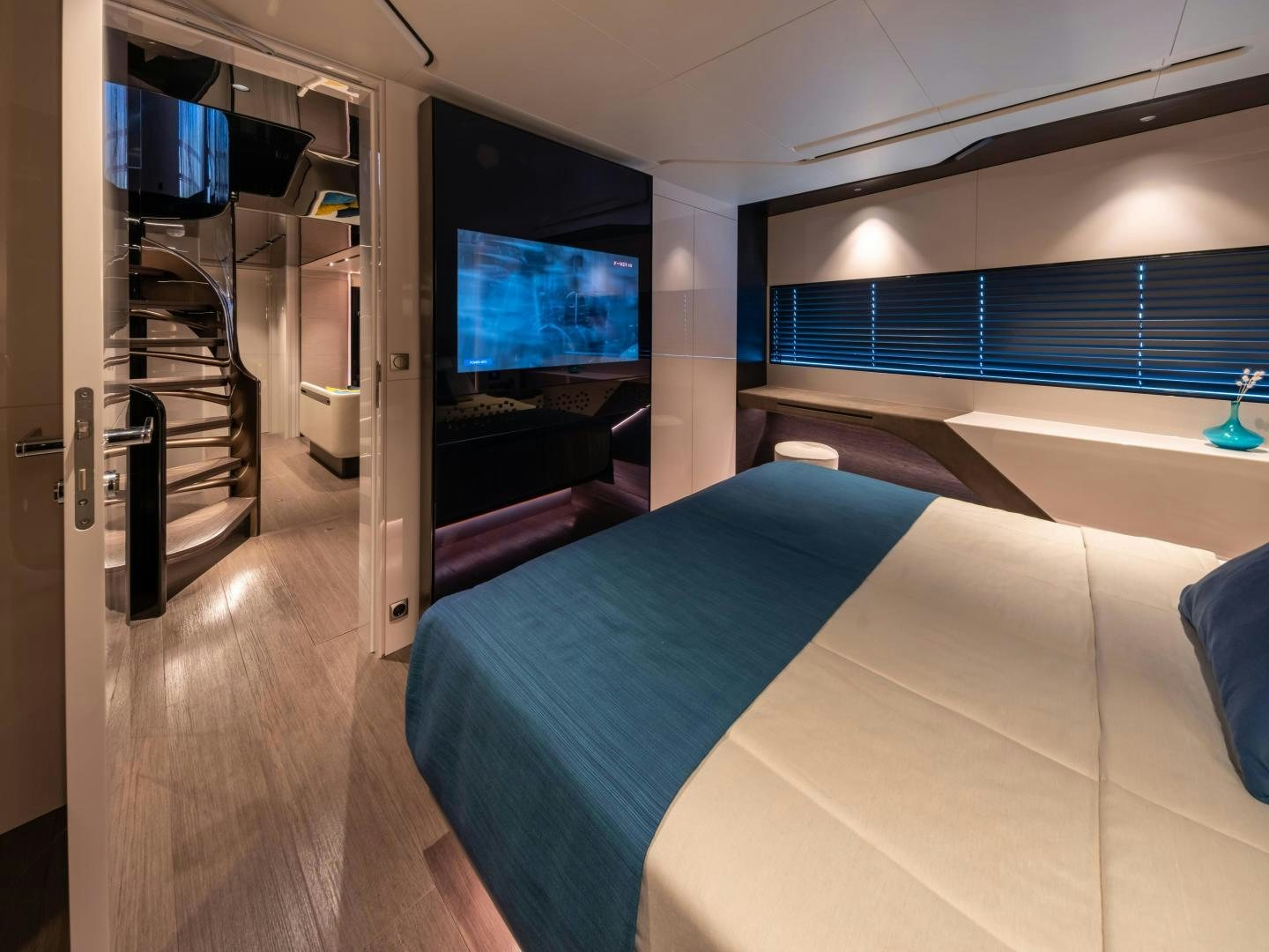a room with a bed and a tv aboard EDGE   NB 201 Yacht for Sale
