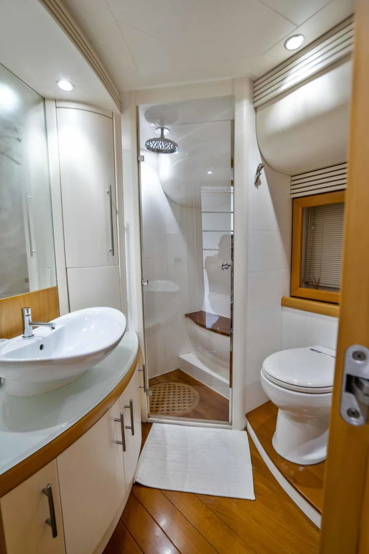 a bathroom with a shower and a sink aboard DENISE Yacht for Sale