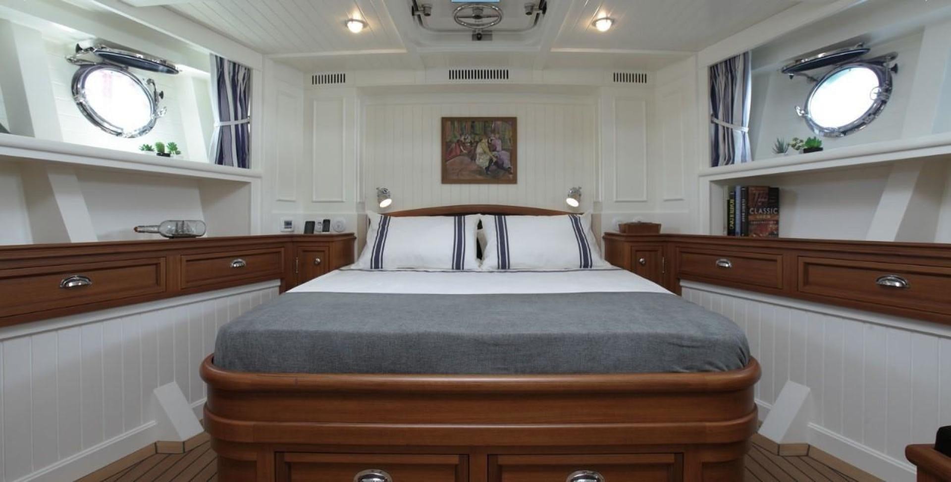 a bedroom with a large bed aboard DARWIN Yacht for Sale