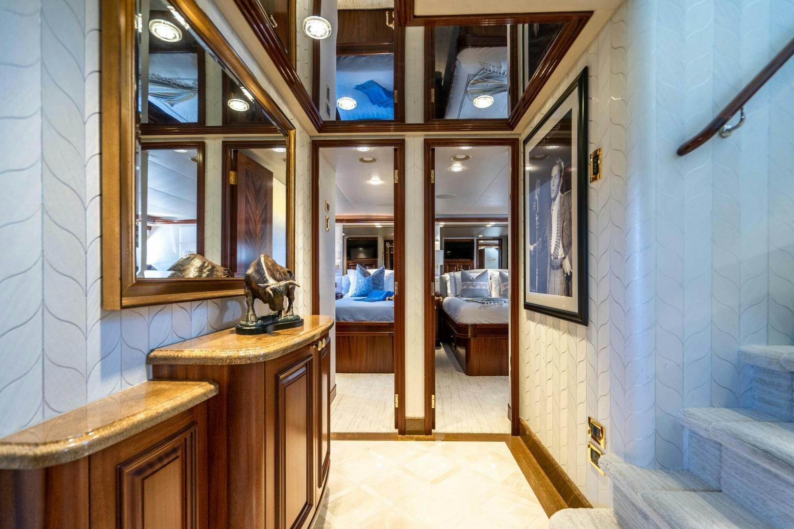 a bathroom with a mirror aboard WILD KINGDOM Yacht for Sale