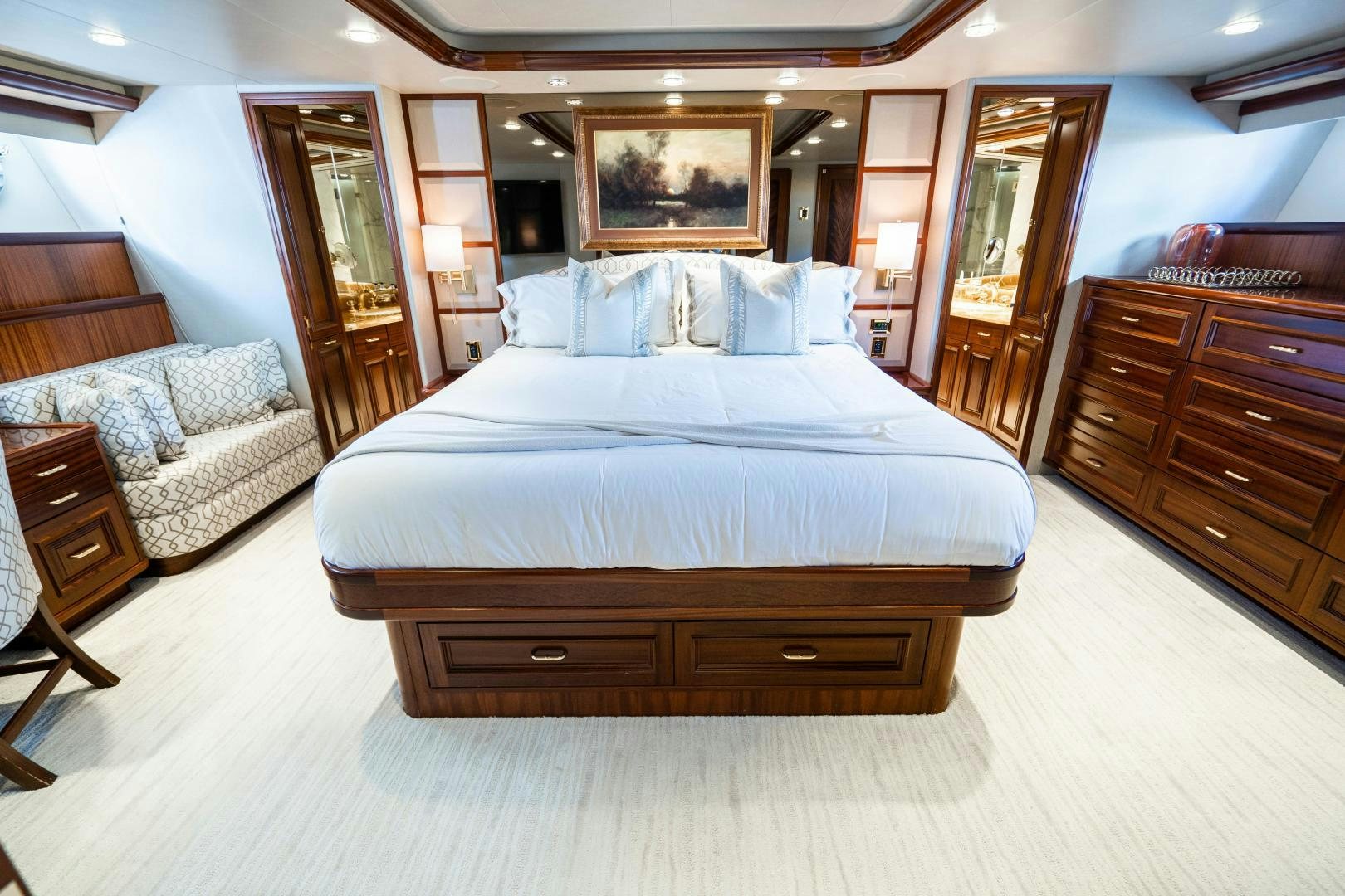 a large bedroom with a large bed aboard WILD KINGDOM Yacht for Sale