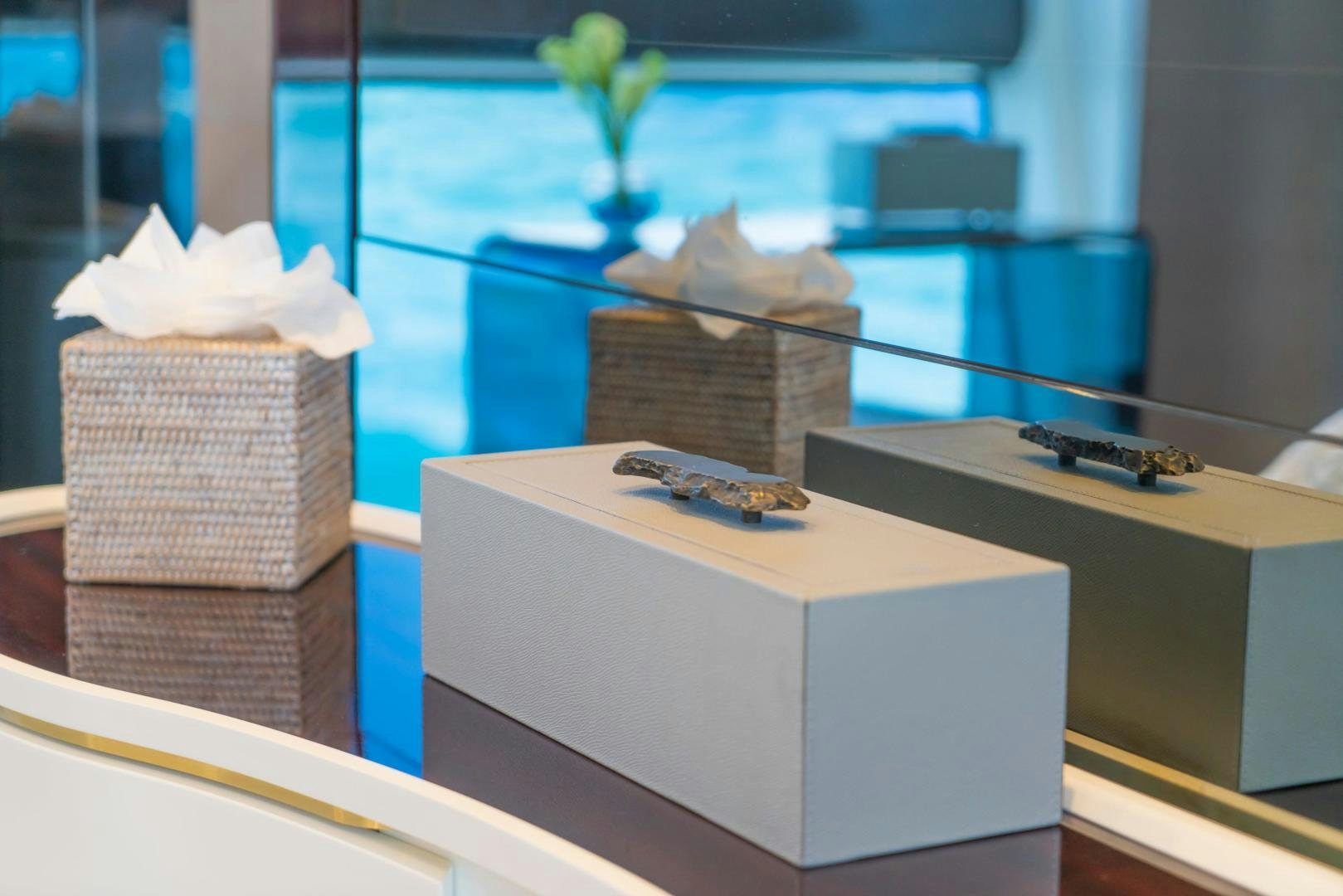 a white bird on a white table aboard RINA Yacht for Sale