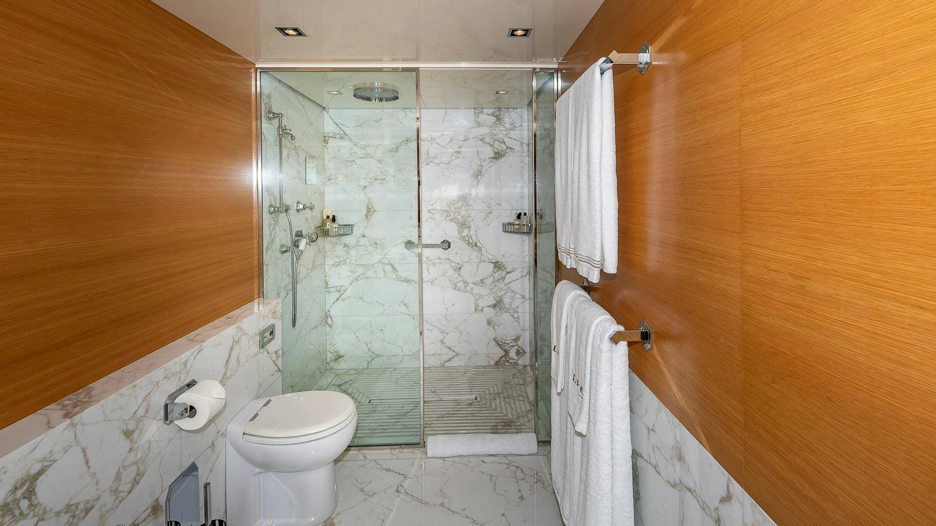 a bathroom with a shower and toilet aboard DB9 Yacht for Sale
