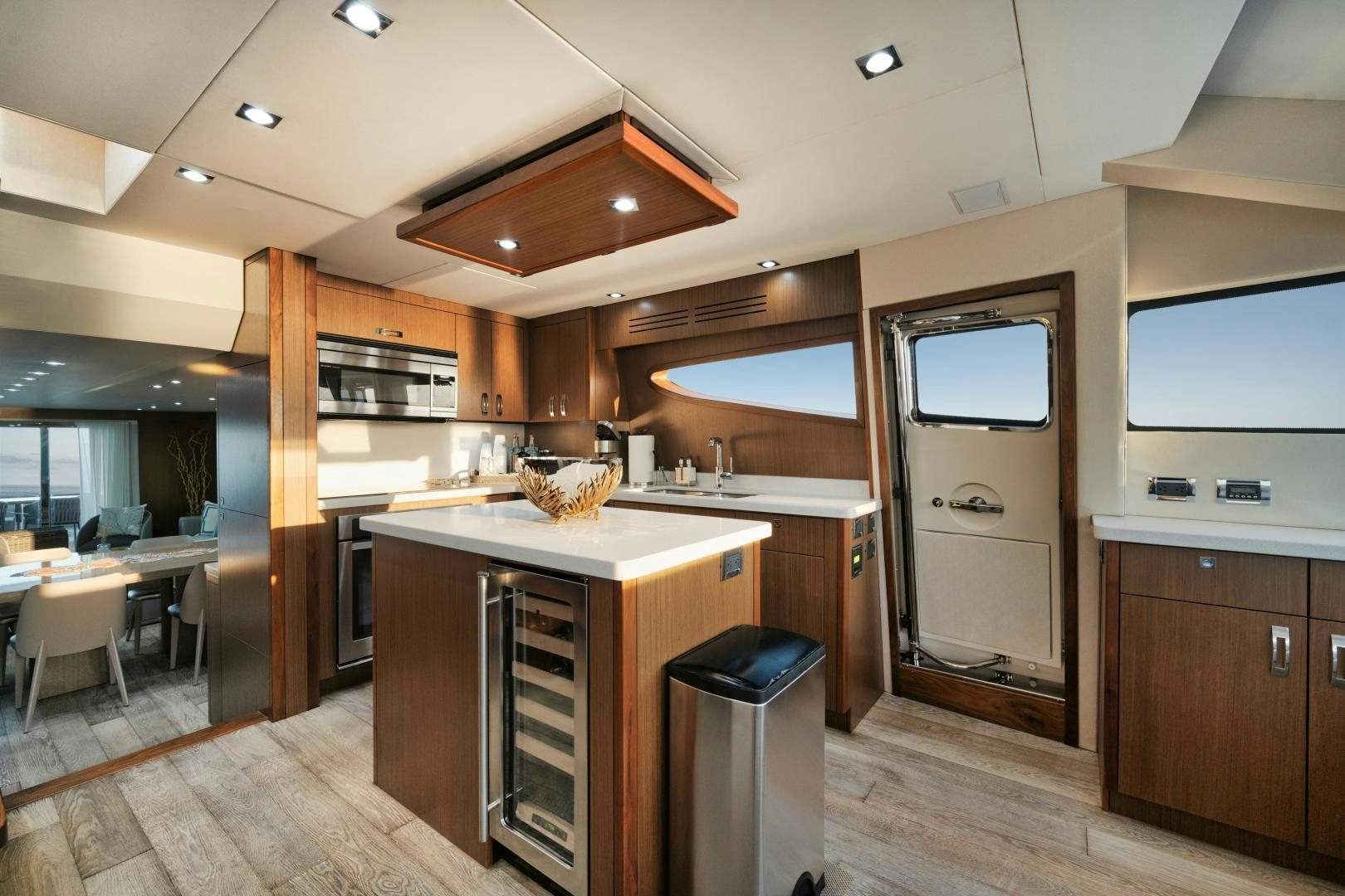 a kitchen with a large island aboard EMMY Yacht for Sale