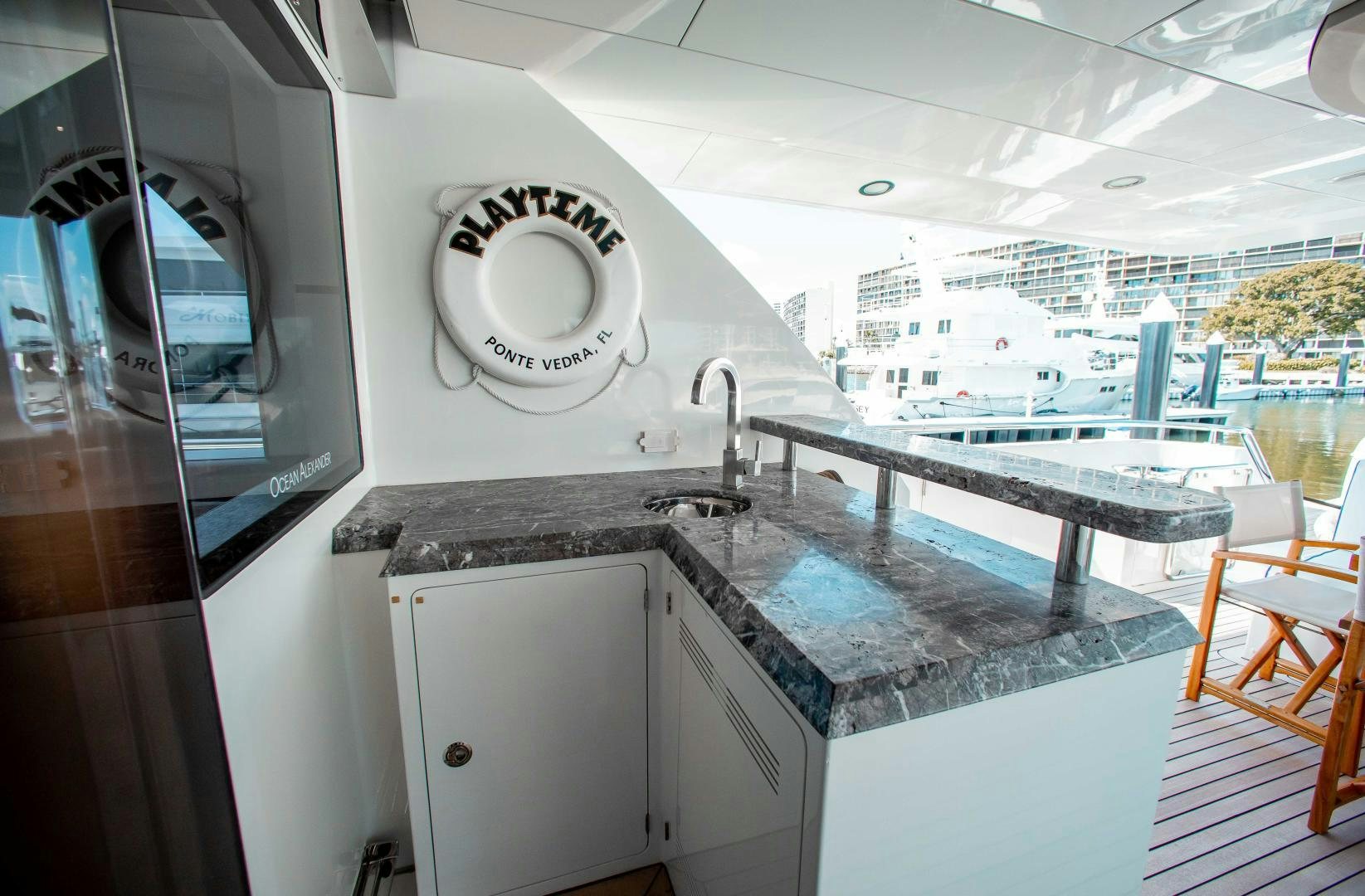 a kitchen with a large sink aboard TRINITY Yacht for Sale