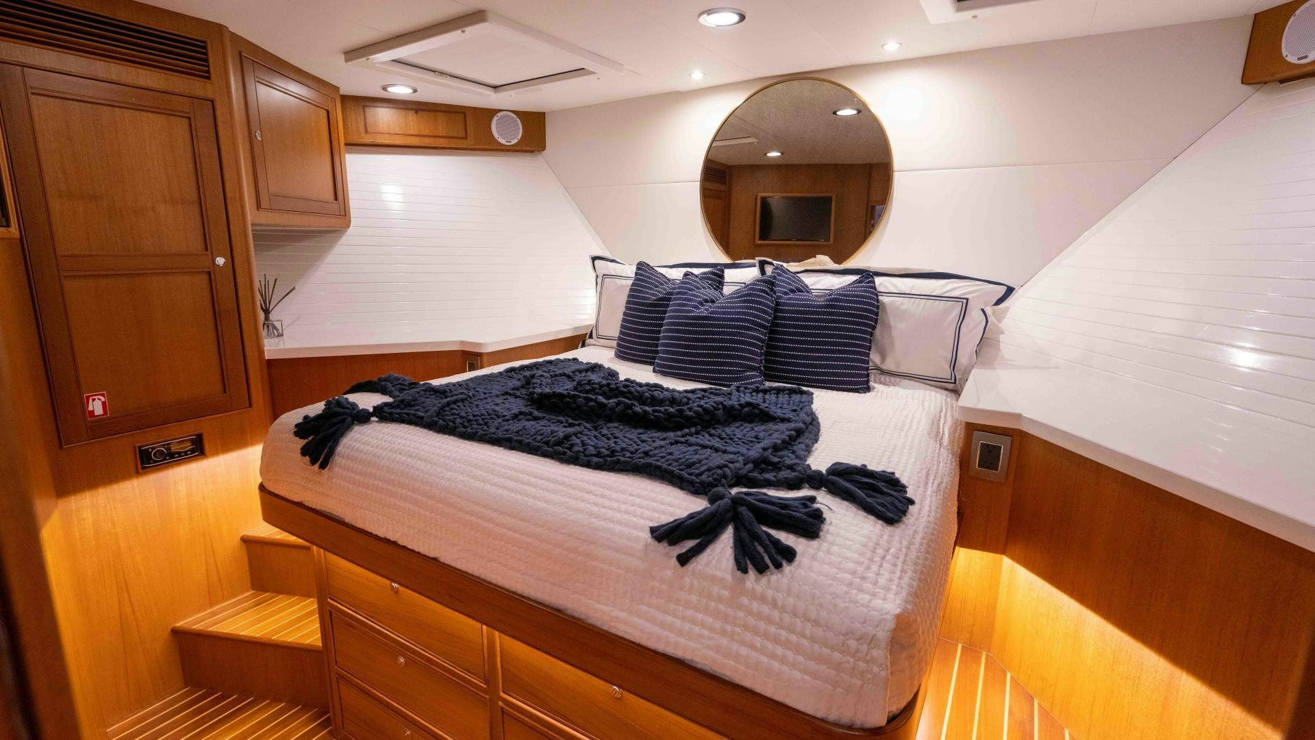 a bed in a room aboard NEVER MY LOVE Yacht for Sale