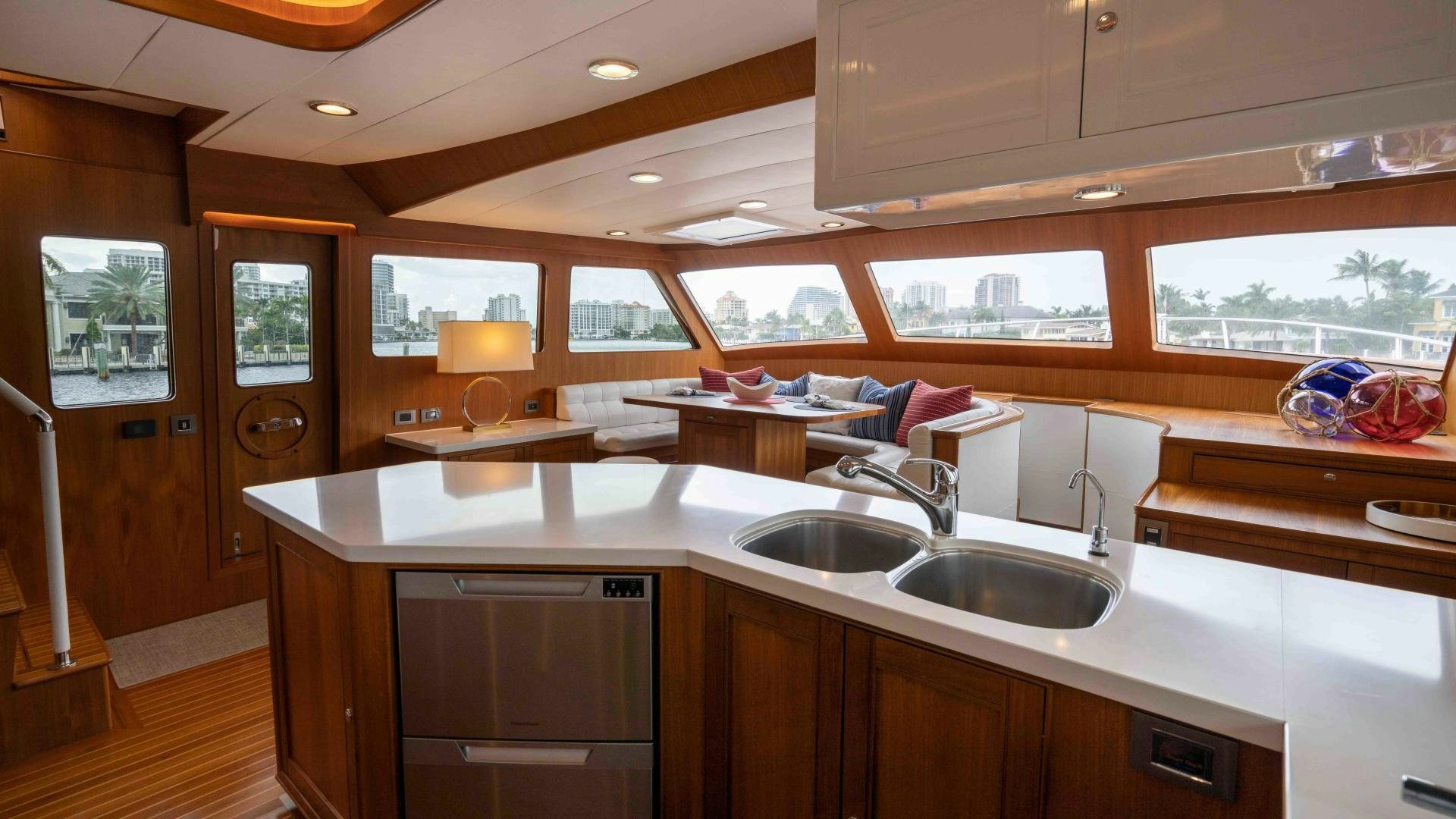 a kitchen with a large island aboard NEVER MY LOVE Yacht for Sale