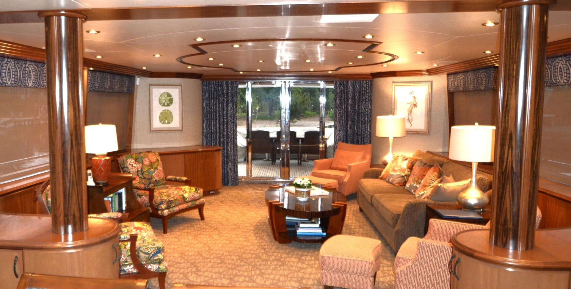 a living room with a large window aboard JOAN'S ARK Yacht for Sale