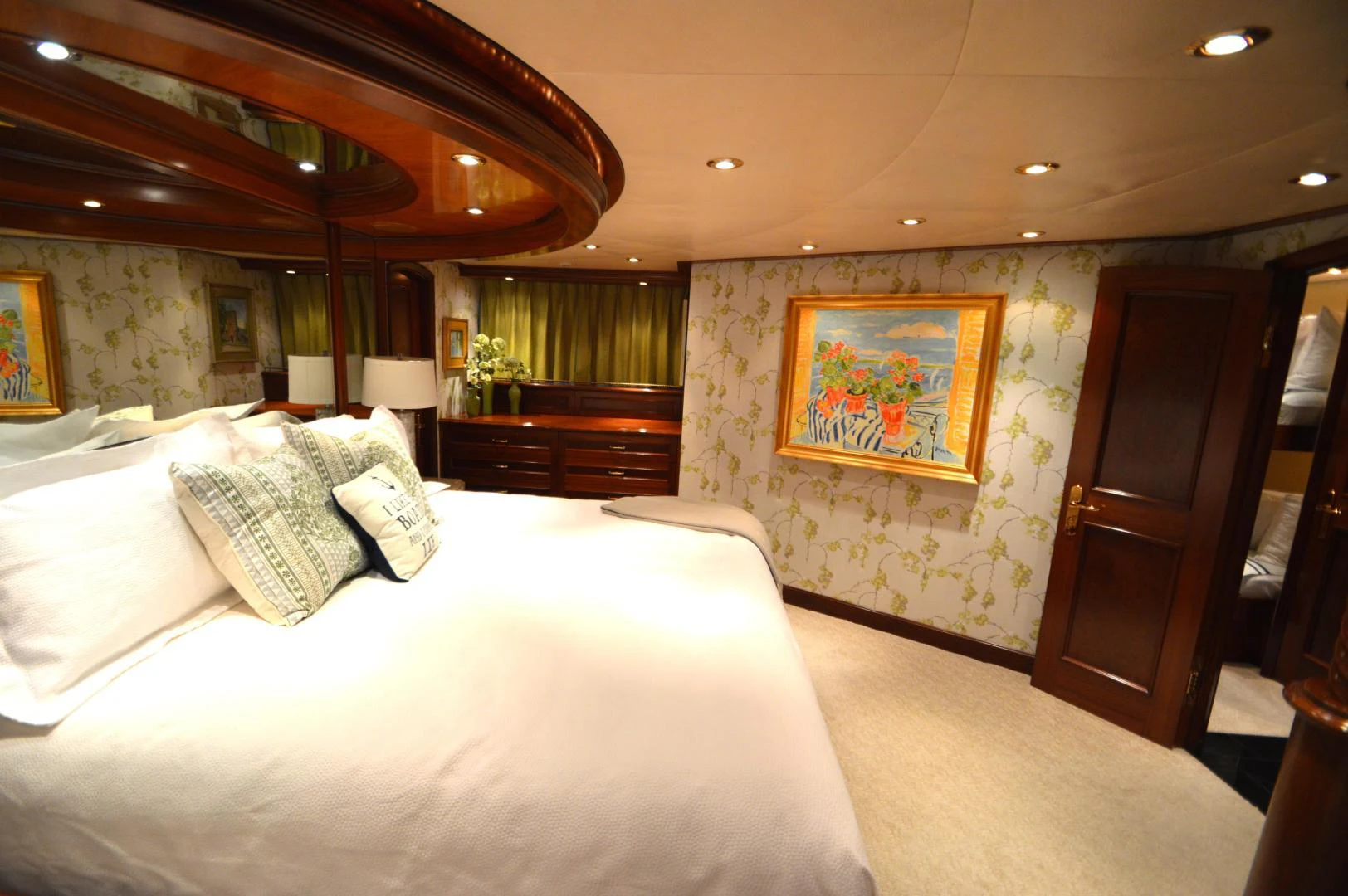 a room with a bed and a piano aboard JOAN'S ARK Yacht for Sale
