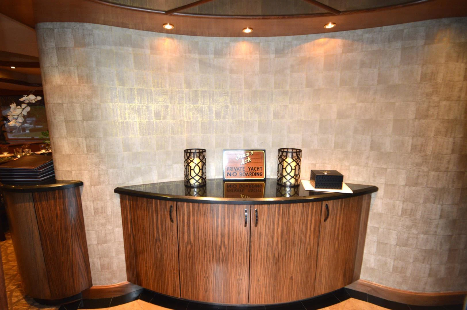 a desk with a few glasses on it aboard JOAN'S ARK Yacht for Sale
