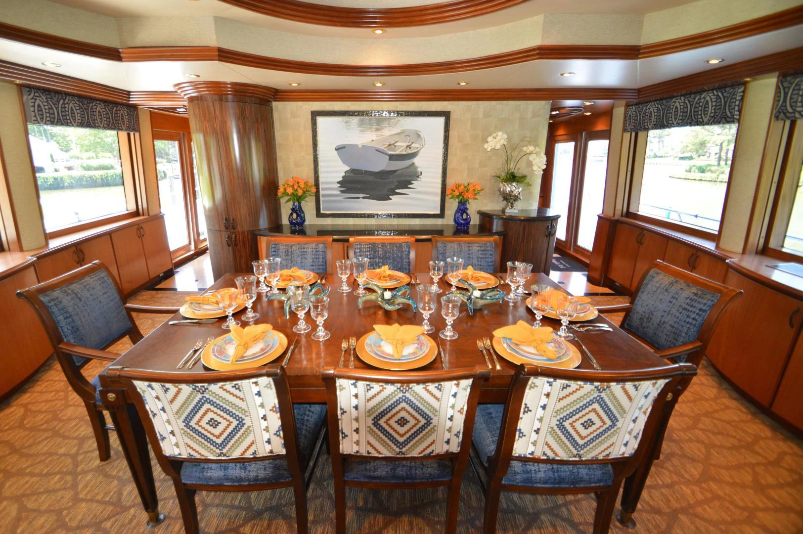 a dining table set for a meal aboard JOAN'S ARK Yacht for Sale