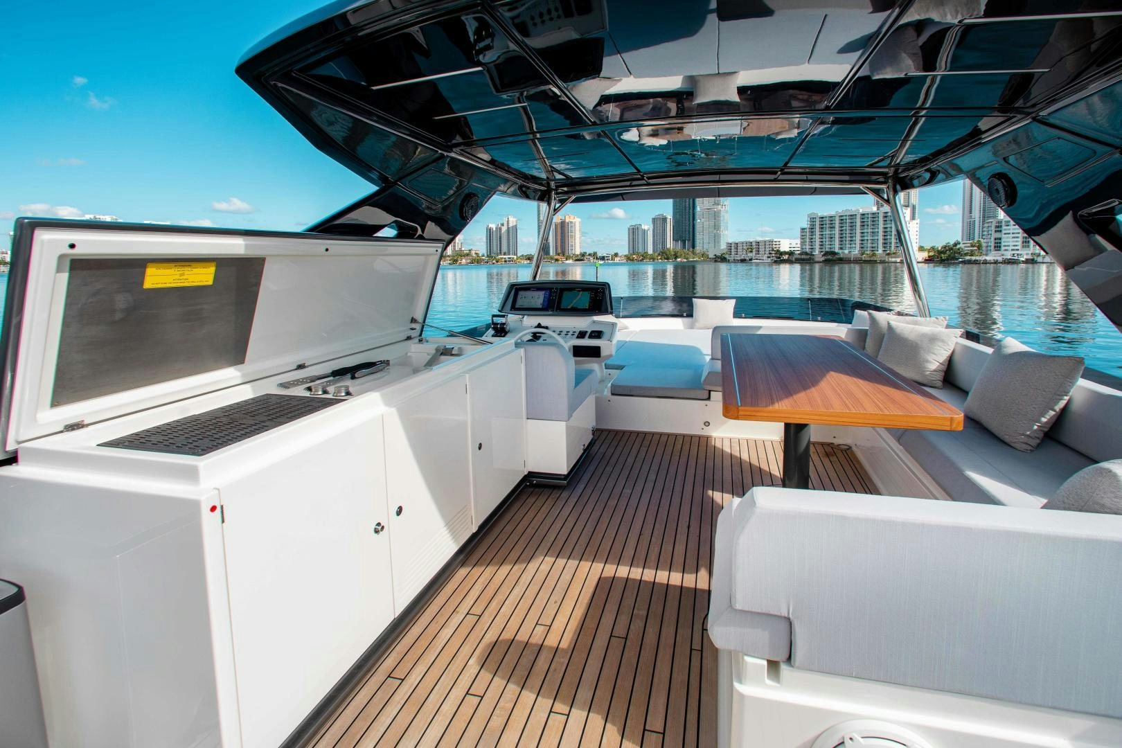 a deck of a boat aboard Ferretti 670 Yacht for Sale