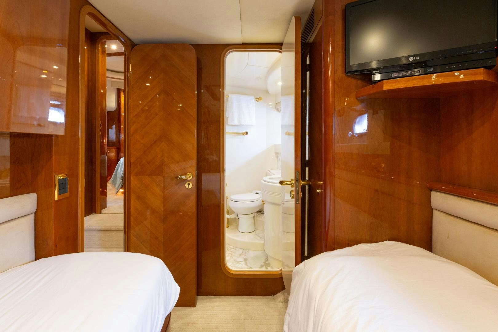 a bathroom with a large mirror aboard GRAVITY Yacht for Sale