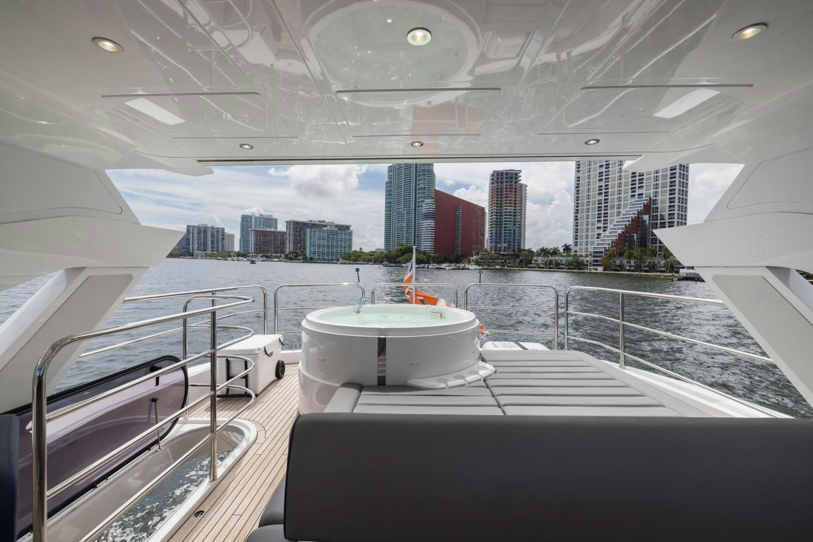 a view of a city from a balcony aboard MR. G Yacht for Sale