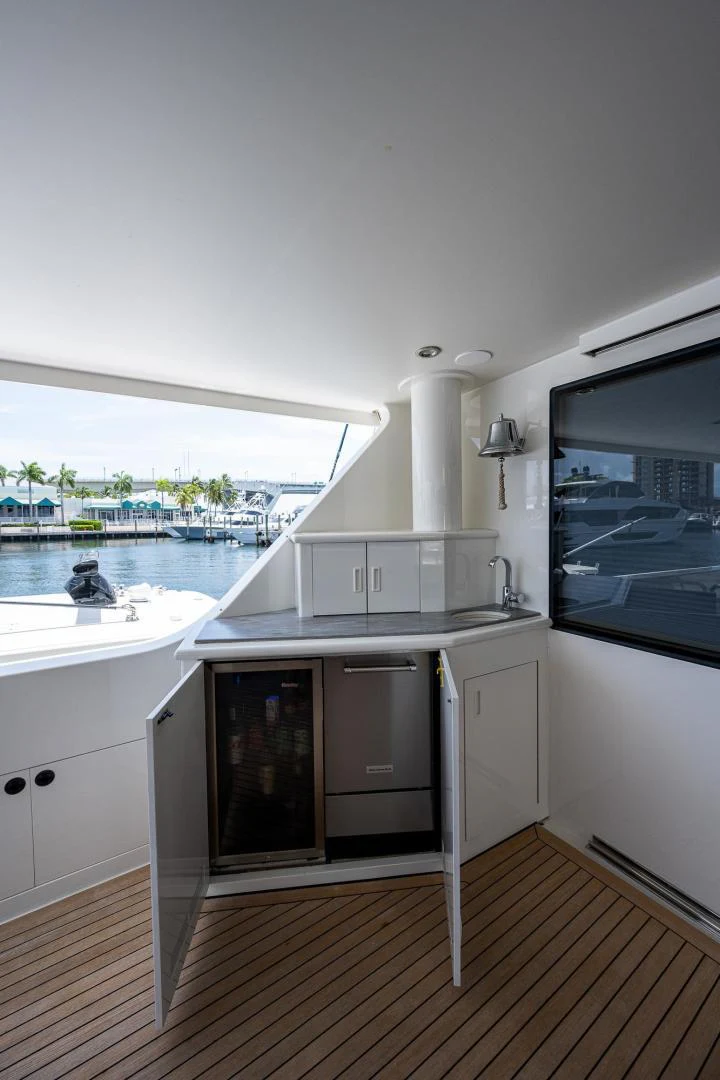 a kitchen with a large window overlooking a body of water aboard ATLANTIC Yacht for Sale