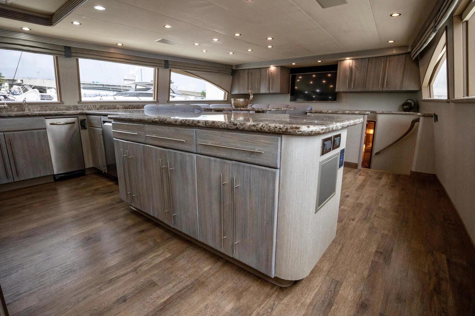 a large kitchen with a large island aboard ATLANTIC Yacht for Sale