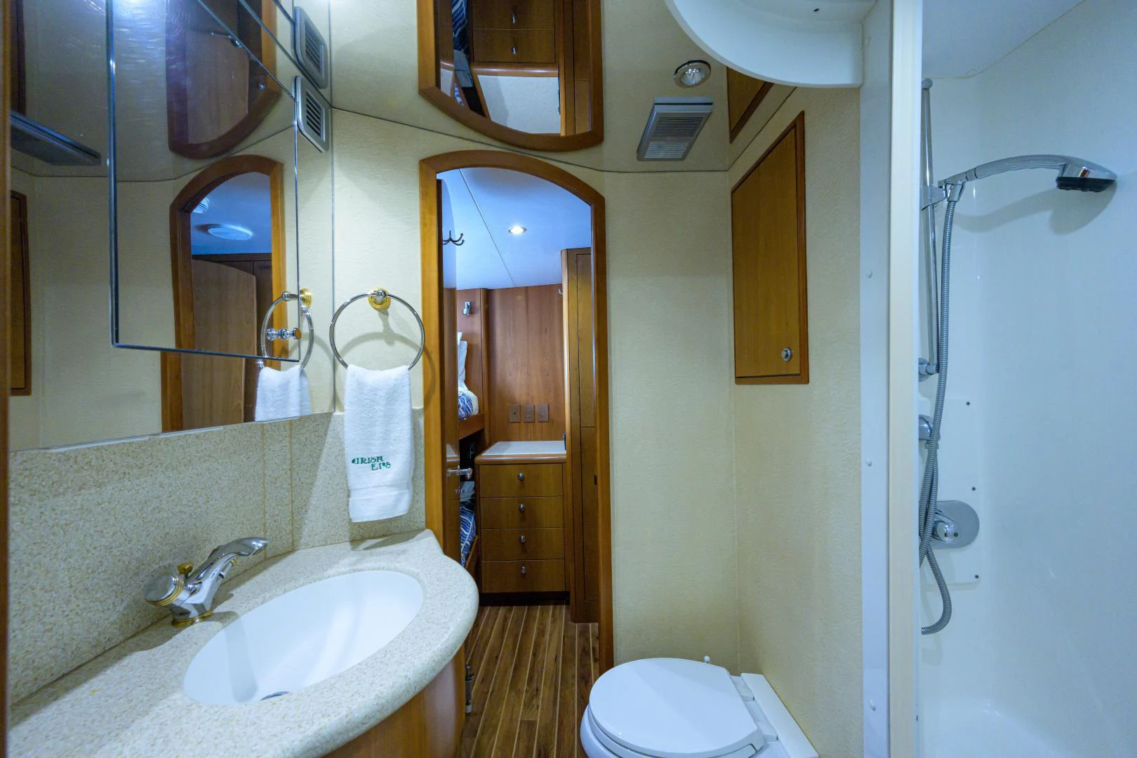 a bathroom with a sink and a shower aboard IRISH EI'S Yacht for Sale