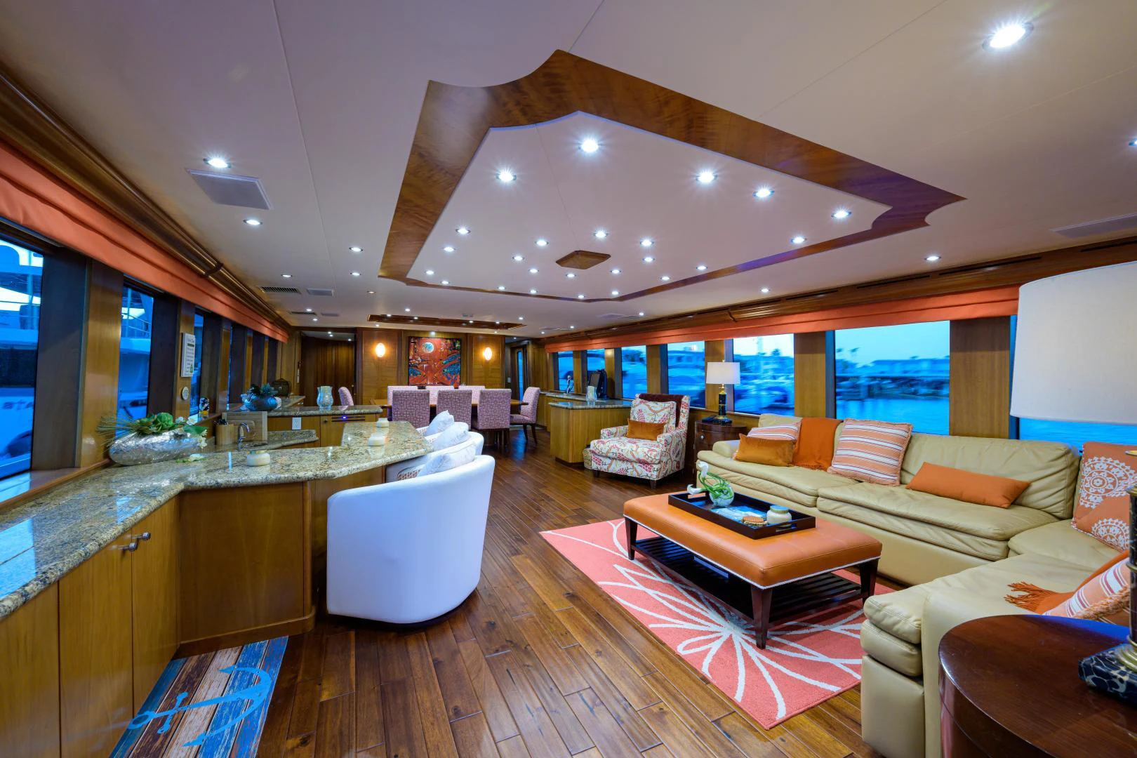 a living room with a large open floor plan aboard IRISH EI'S Yacht for Sale
