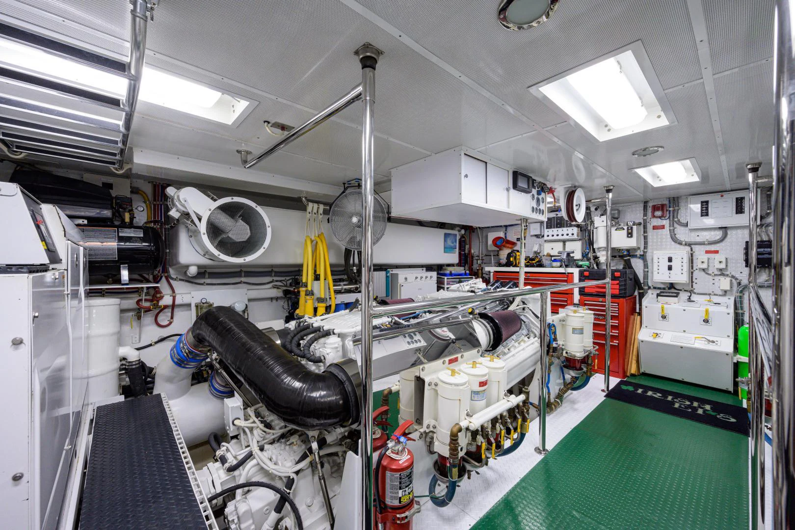 a room with machinery and pipes aboard IRISH EI'S Yacht for Sale