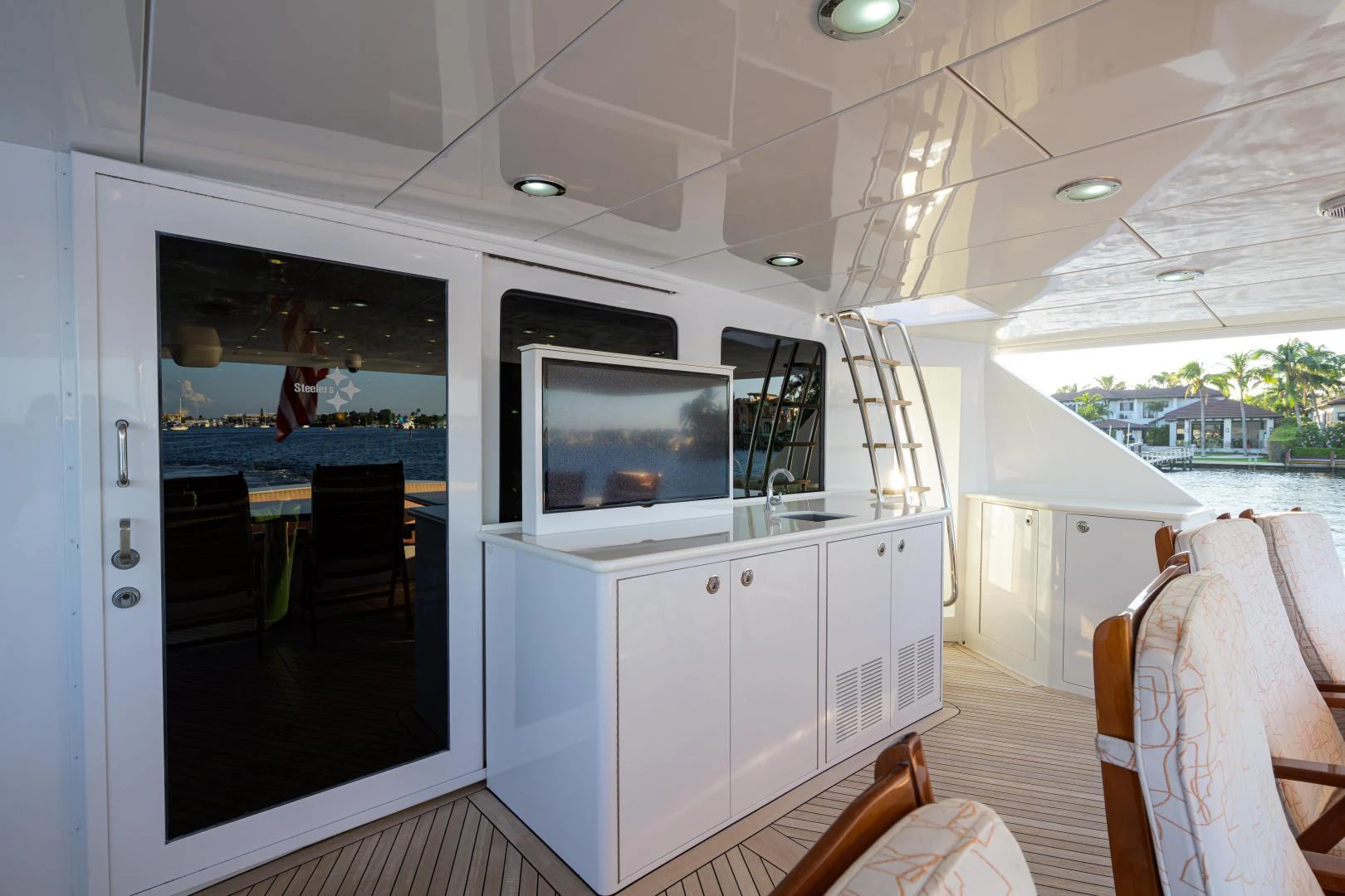 a boat with a large screen aboard IRISH EI'S Yacht for Sale