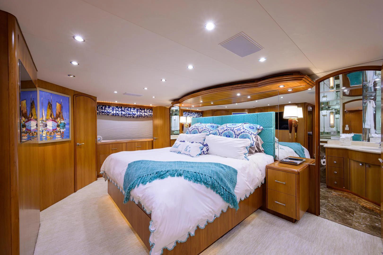 a bedroom with a couple of beds aboard IRISH EI'S Yacht for Sale