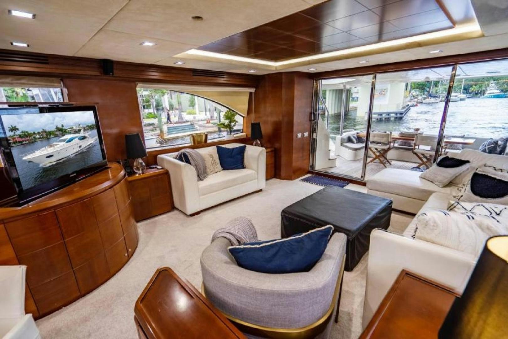 a living room with a large screen aboard KNOT WOKE Yacht for Sale