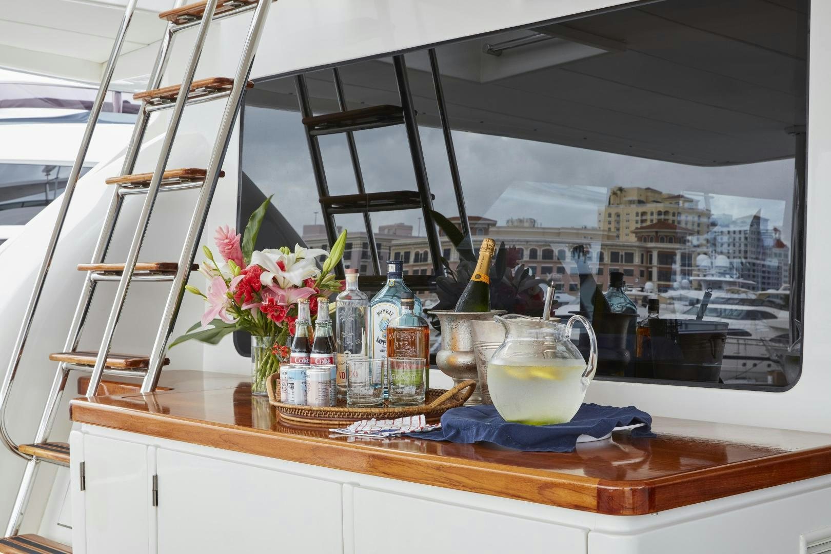 a kitchen with a view of the city aboard GRACE Yacht for Sale