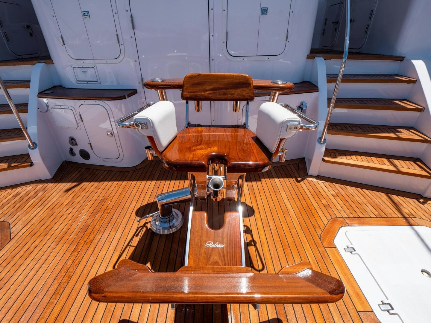 a wooden table with a machine on it aboard LONE WOLF Yacht for Sale