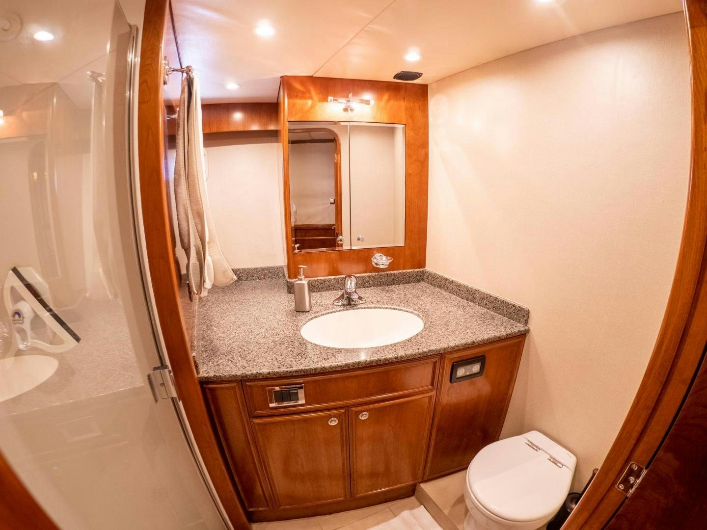 a bathroom with a sink and a toilet aboard LONE WOLF Yacht for Sale